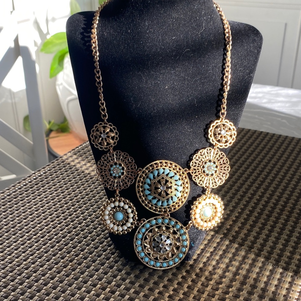 Gold-Tone Turquoise Floral Medallion Necklace